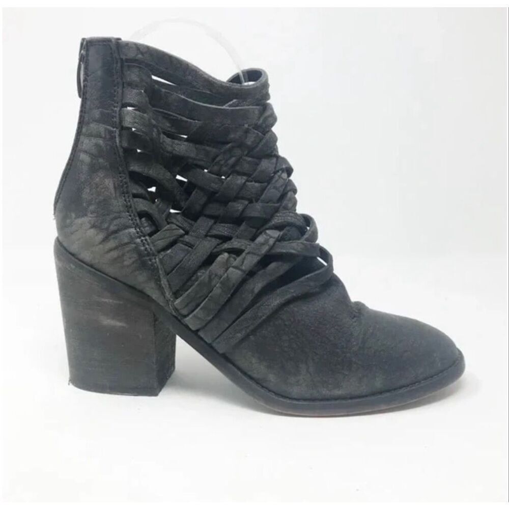 Free People 100% Leather Carrera Black Basket Weave Heel Midi Ankle Boots 7.5US